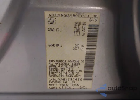 2014 Nissan Altima 2.5/2.5 S/2.5 Sl/2.5 Sv from USA, damaged, VIN 1N4AL3AP6EN382639